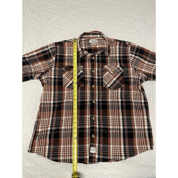 Eddie Bauer Workwear Foreman Fit 2XL Plaid Short Sleeve Shirt Brown Distressed - Picture 7 of 12